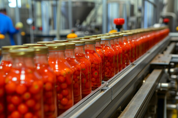 conveyor for the production of canned tomatoes, in glass jars, selective focus