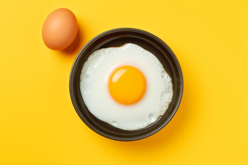 fried egg with a whole yolk in a frying pan on a yellow background, top view, minimalism
