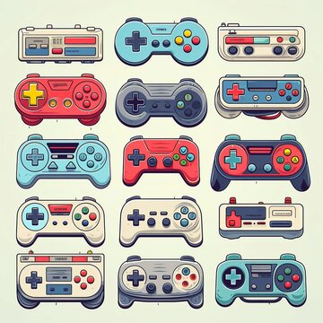 Classic game controllers and pixel art characters.