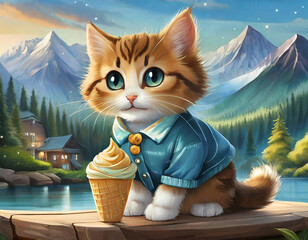 Kitten eating ice cream cone outdoors. - 784011209