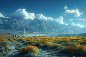 solar panels and power generation on field against the background of mountains, wind turbines