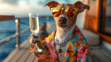 A dog is wearing sunglasses, holding a glass of champagne. cute baby greyhound, wearing colorful...