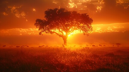   A solitary tree in a field, silhouetted against the sunset's backdrop  clouds painted across the sky