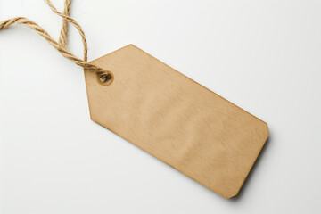 tag made of thick kraft paper on rope, isolated on white background
