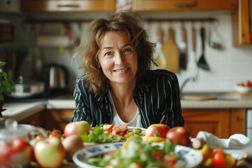 woman smiling in kitchen in front of various vegetables and fruits, selective focus
