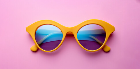 A pair of yellow sunglasses with blue lenses. sunglasses are on a pink background. The sunglasses are bright and cheerful, and the blue lenses add a pop of color to the scene. yellow pastel sunglasses