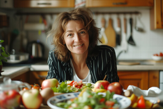 woman smiling in kitchen in front of various vegetables and fruits, selective focus - Powered by Adobe