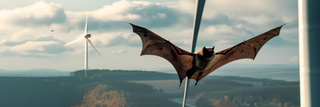 Bat flying torward to a wind turbine