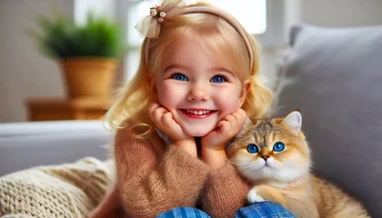 Deurstickers girl with cat © Елена Tomaeva