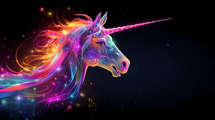 Deurstickers Unicorn Animal Horse Plexus Neon Black Background Digital Desktop Wallpaper HD 4k Network Light Glowing Laser Motion Bright Abstract © Sorab