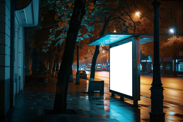 banner on street at bus stop, side view, empty rectangular white layout, at night, city