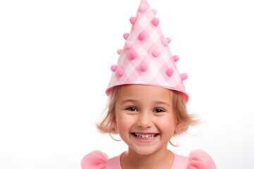 smiling girl in festive pink cone hat with bubonic balls, isolated on white background