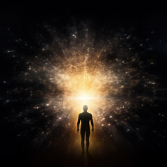 Silhouette of a person surrounded by sparkling golden energy, on dark background with copy space. Mystical experience, cosmic consciousness, meditation, astral travel, afterlife concepts.