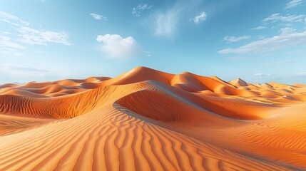 Fototapeta na wymiar A vast expanse of sand dunes beneath a clear blue sky, scattered with clouds in its midsection