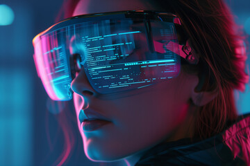 programmer woman coding or IT person in virtual transparent glasses, script, programming and cyber security research, software, information technology