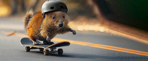 A cartoon squirrel is riding a skateboard down a road. The squirrel is wearing a helmet and he is...