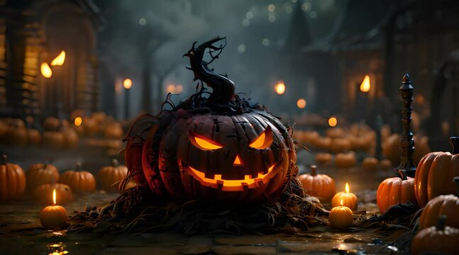 Halloween background with Evil Pumpkin. Spooky scary dark Night forrest. Holiday event halloween banner background concept.