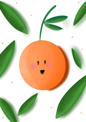 Alegre ilustración de una naranja sonriente, creada con lápices de grafito digital. Es ideal para decoración en habitaciones de niños, cocina o restaurantes. Sin fondo