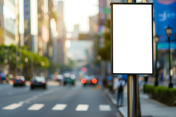 banner empty layout white vertical billboard, street poster, blurred city background at day.