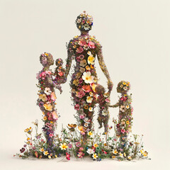 Mom holds the hands of her children. Flowers 3D figure of woman and her children.