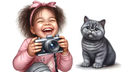 Deurstickers child with a cat © Елена Tomaeva