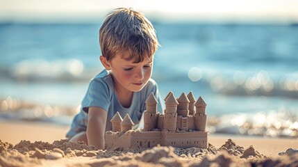 A young boy diligently constructs a sandcastle on the sandy shore beside the ocean.