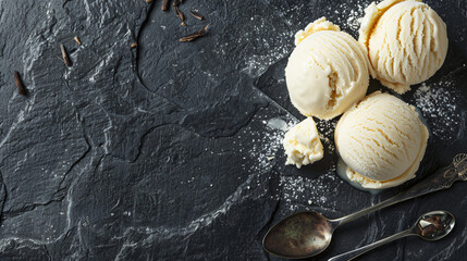 Vanilla ice cream on black stone background
