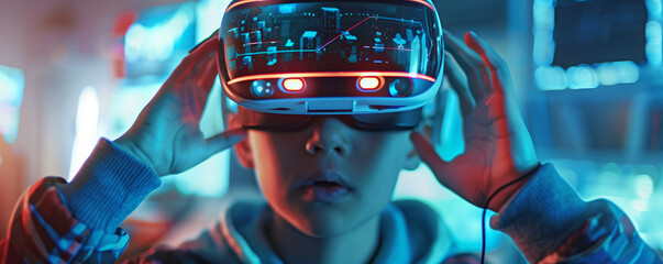 The teenager put on a virtual reality set that becomes a window into a new world to immerse himself in the digital space, ready for new challenges and technological innovations.