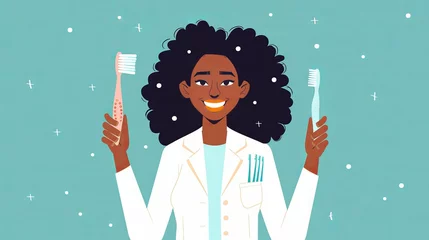 Deurstickers A woman is smiling and holding dental tools and makeup, encouraging people to practice good hygiene. She is showing a toothbrush and other items for oral care and daily grooming. © Suleyman