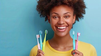 A woman is smiling and holding dental tools and makeup, encouraging people to practice good hygiene. She is showing a toothbrush and other items for oral care and daily grooming. - obrazy, fototapety, plakaty