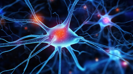 Close-up of activated glowing brain neurons. Neurons firing in the brain. Representation of neural network of the brain. Neural activity, pain signals, brain function, cognition concepts.