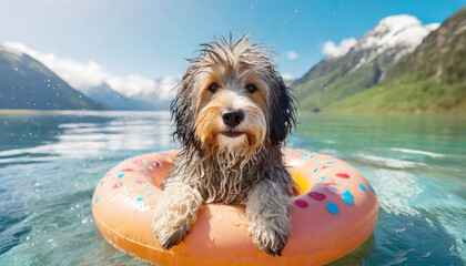 Wet small dog with a fluffy coat sits in an inflatable circle in a lake. - 784013693