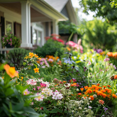 Lush Garden Bed in Full Bloom Against Picturesque Suburban Home, AI Generation