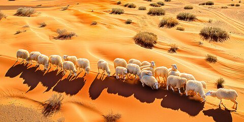 Aerial shot of sheep with elongated shadows traversing the golden dunes, a serene pastoral moment at sunrise