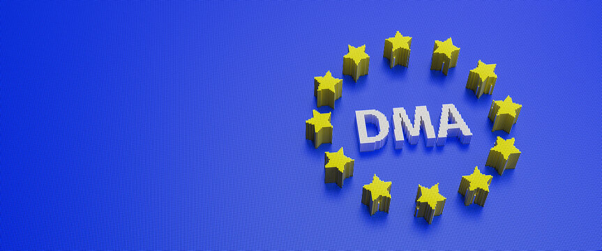 The European Digital Markets Act concept. The letters DMA surrounded by yellow stars as in the European flag on blue background. Pins representing the digital nature of the legislation.
