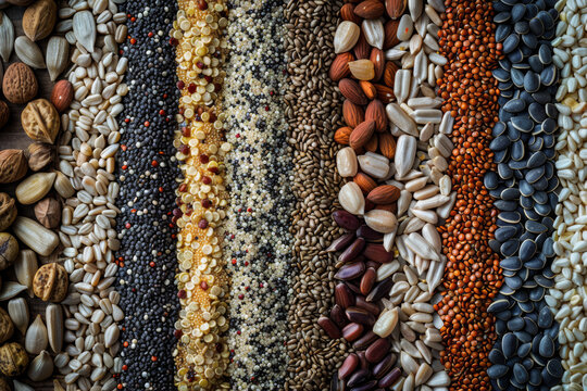 A row of different colored seeds and nuts. The image is colorful and diverse. The idea of the image is to showcase the variety of seeds and nuts available
