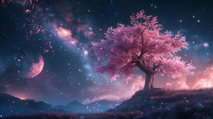 A tree with pink blossoms is in a field with a moon and stars in the background. The scene is peaceful and serene, with the tree standing tall and proud in the midst of the vast sky