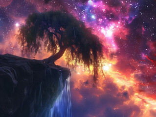 A tree is growing on a cliff with a waterfall in the background. The sky is filled with stars and a rainbow of colors