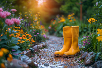 A pair of yellow rain boots are sitting on a path in a garden. The boots are wet from the rain, and the flowers in the background are in full bloom. Concept of freshness and renewal