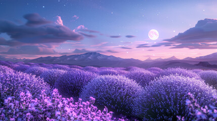 A field of lavender flowers with a full moon in the sky