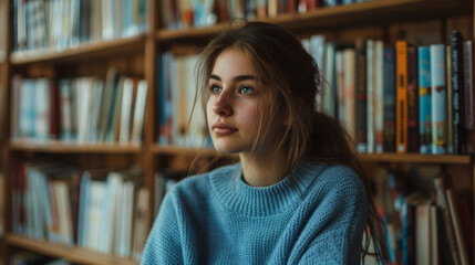 A young woman is sitting in a library with her head down. She is wearing a blue sweater and has her hair in a ponytail. The library is filled with books, and the woman is lost in thought