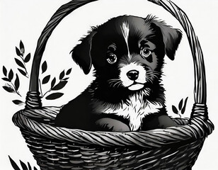 Black silhouetted of puppy in basket. - 784015048