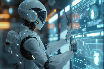 Fototapeta premium A robot is working on a computer screen. The robot is white and has a helmet on its head. The robot appears to be focused on its task