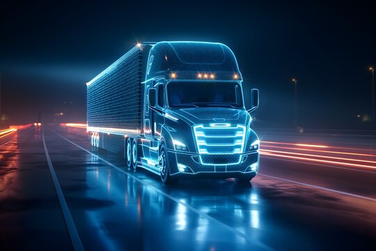 Futuristischer LKW, blaue neonlichter, Lichtkanten, Kontept Logistik