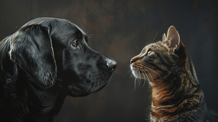 A black dog and a cat are looking at each other