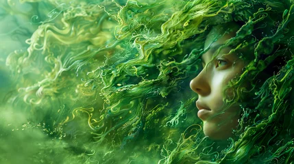 Deurstickers A young beautiful woman with long hair in eco-art style. © Olga Gubskaya
