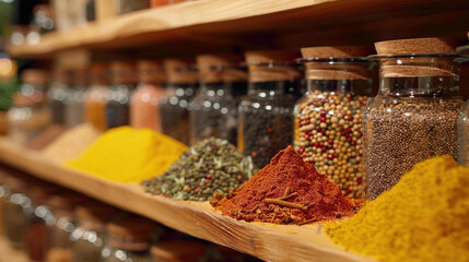 Macro shot of a collection of aromatic spices in a kitchen pantry, modern interior design, scandinavian style hyperrealistic photography
