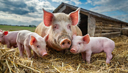 Piglets with a large dirty female pig laying on hay.
