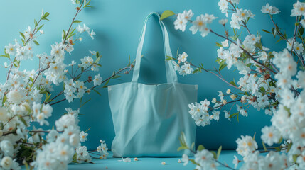 A blue background with white flowers and a green bag