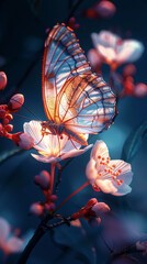 A butterfly is resting on a flower. The image has a serene and peaceful mood